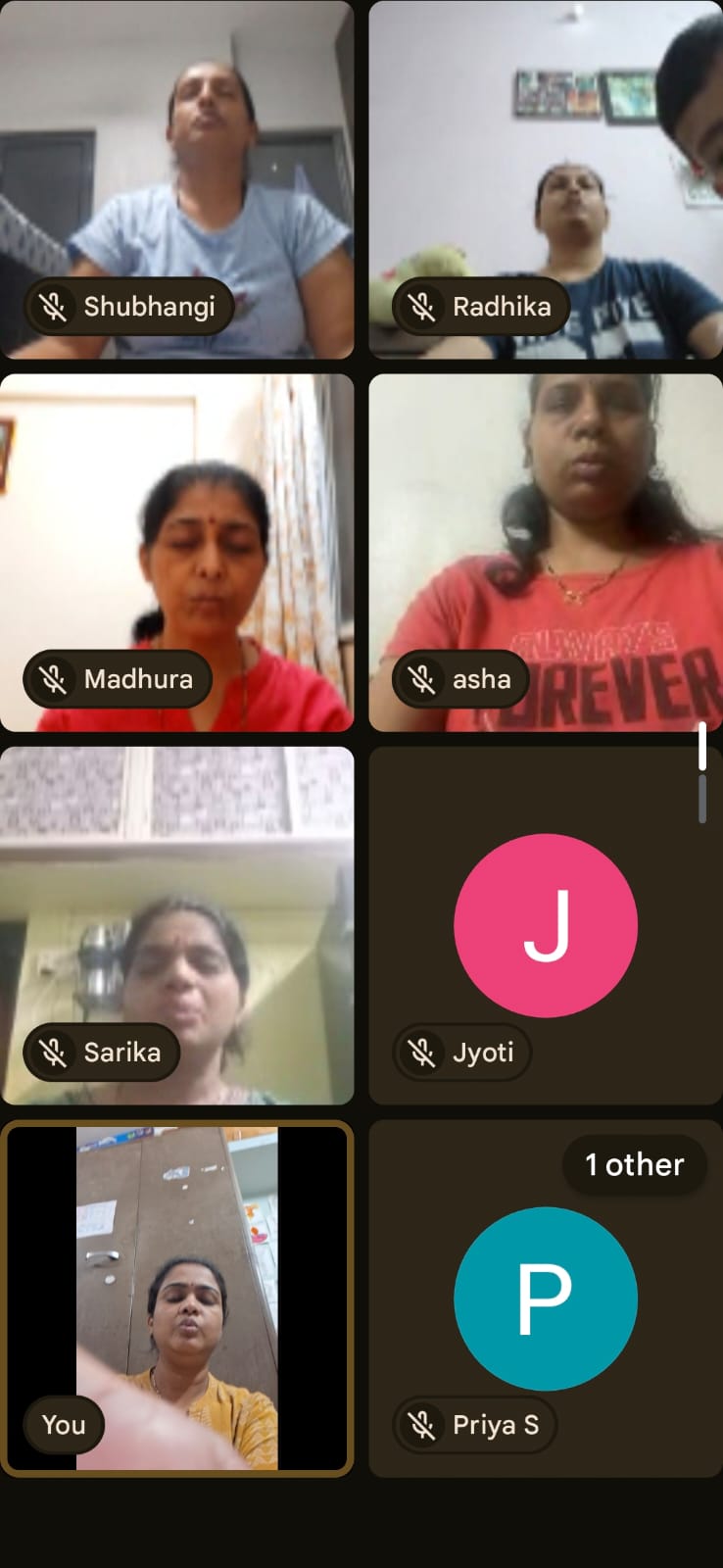 Group of students following a breathing practice from their homes