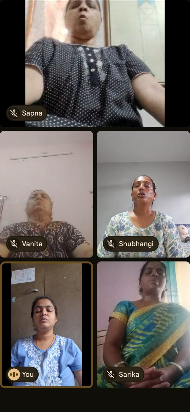 Students practising deep breathing during a live online pranayama class