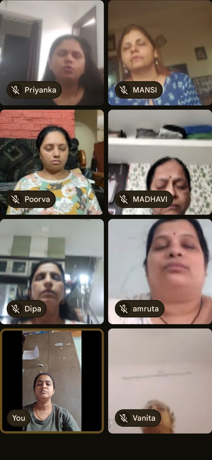 Live online pranayama session with students seated and breathing mindfully