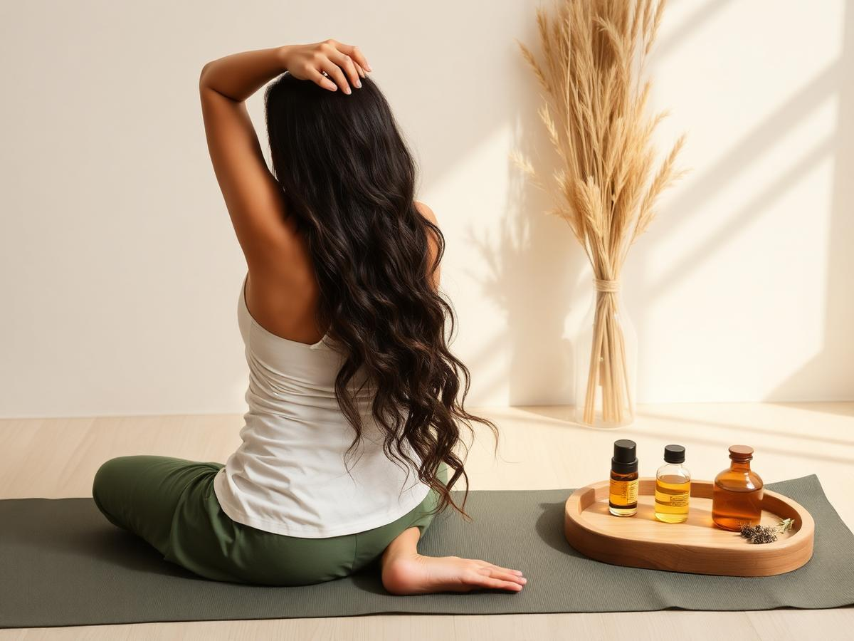 Woman practising a gentle yoga stretch at home beside natural hair-care oils and herbs