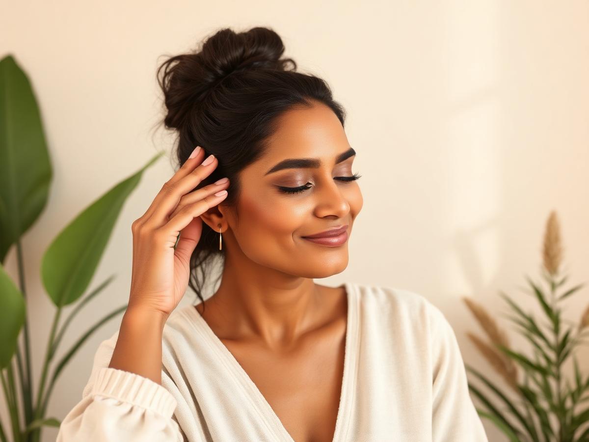 Woman practising a gentle face yoga self-care routine in natural light