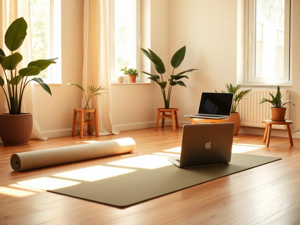 Home yoga setup with a mat and laptop ready for a live online yoga class