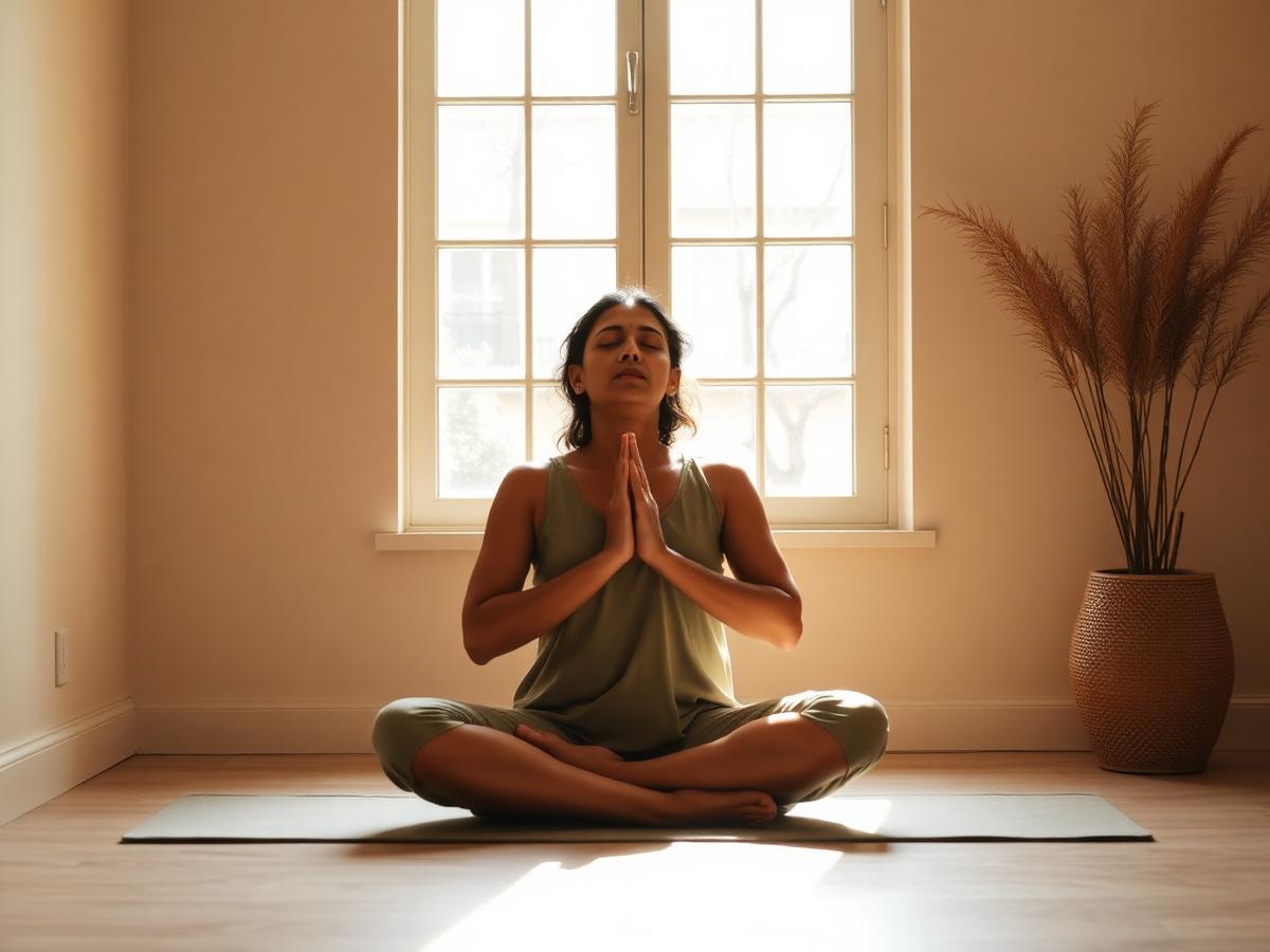 Woman seated calmly practising pranayama breathing near a sunlit window